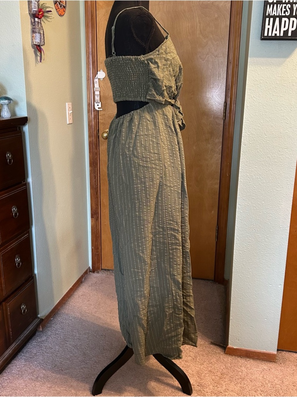 Flying Tomato green striped spaghetti strap wide leg crop jumpsuit size S boho - Picture 2 of 10